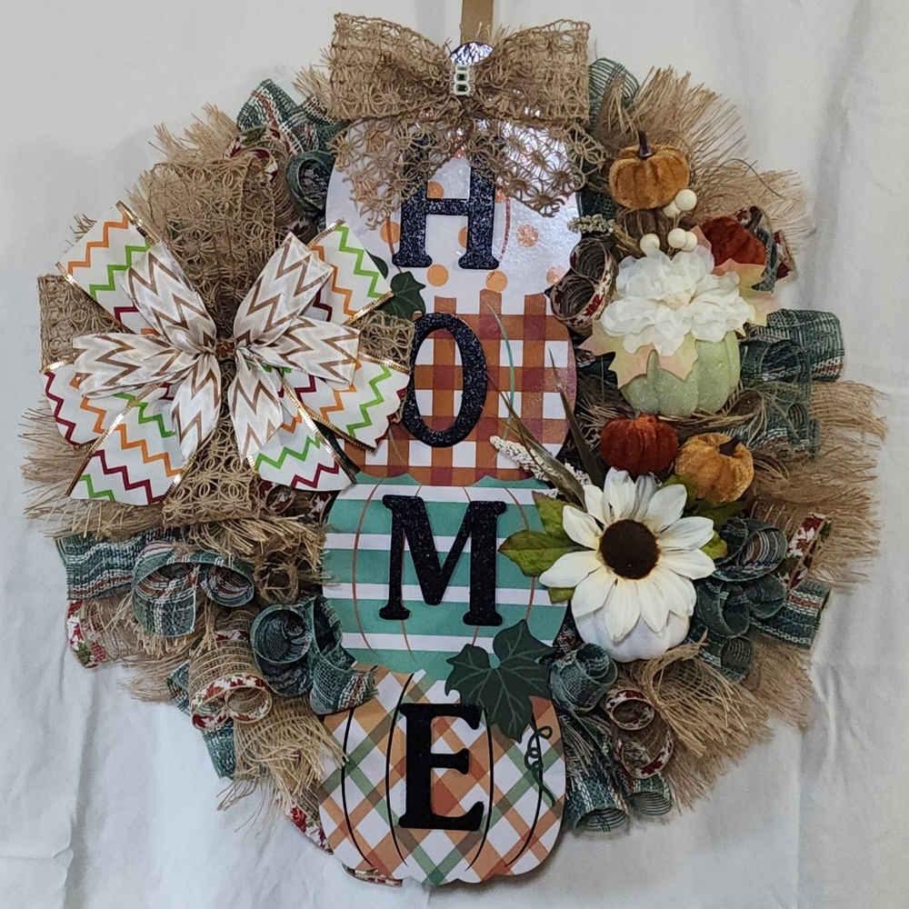 Festive HOME Wreath with Burlap and Floral Accents Fall Decor